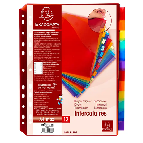 Intercalaires avec pochette polypropylène 12 positions - A4 maxi | Exaclair Intercalaires avec pochette polypropylène 12 positions - A4 maxi | Exaclair